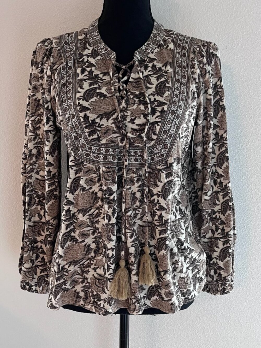 Lucky Brand Long Sleeve Boho Peasant Blouse Floral/Paisley Split Neck Tassels S